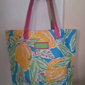 Lilly Pulitzer Turquoise Lemon-Print Tote with Pink Handles
